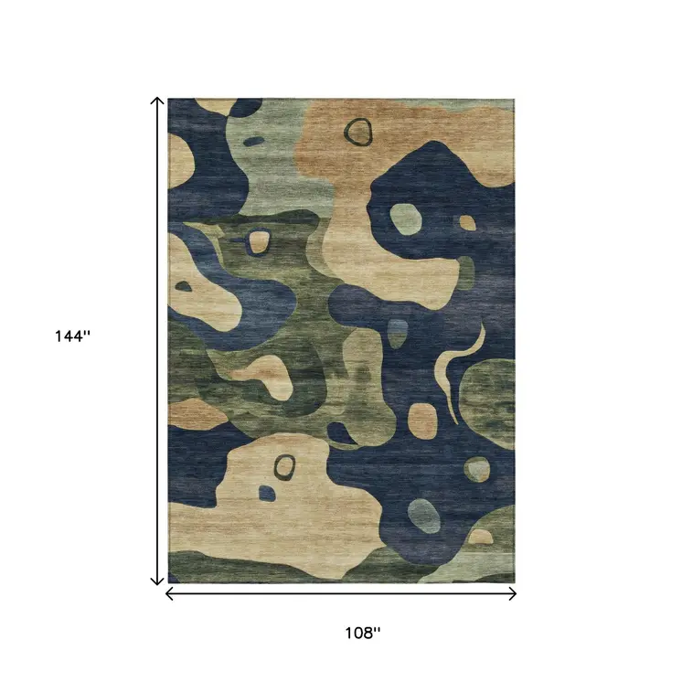 9' X 12' Navy Blue Gold And Olive Green Abstract Washable Indoor Outdoor Area Rug