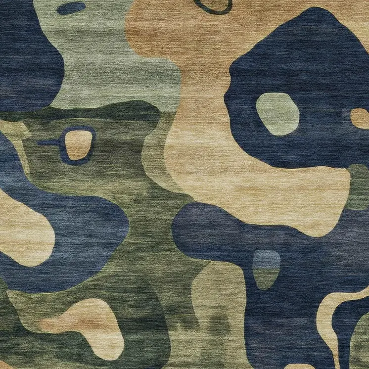 9' X 12' Navy Blue Gold And Olive Green Abstract Washable Indoor Outdoor Area Rug