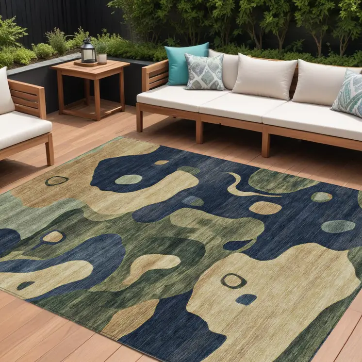 10' X 14' Navy Blue Gold And Olive Green Abstract Washable Indoor Outdoor Area Rug