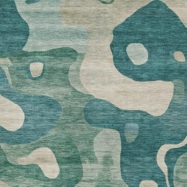 3' X 5' Teal Blue Ivory And Beige Abstract Washable Indoor Outdoor Area Rug