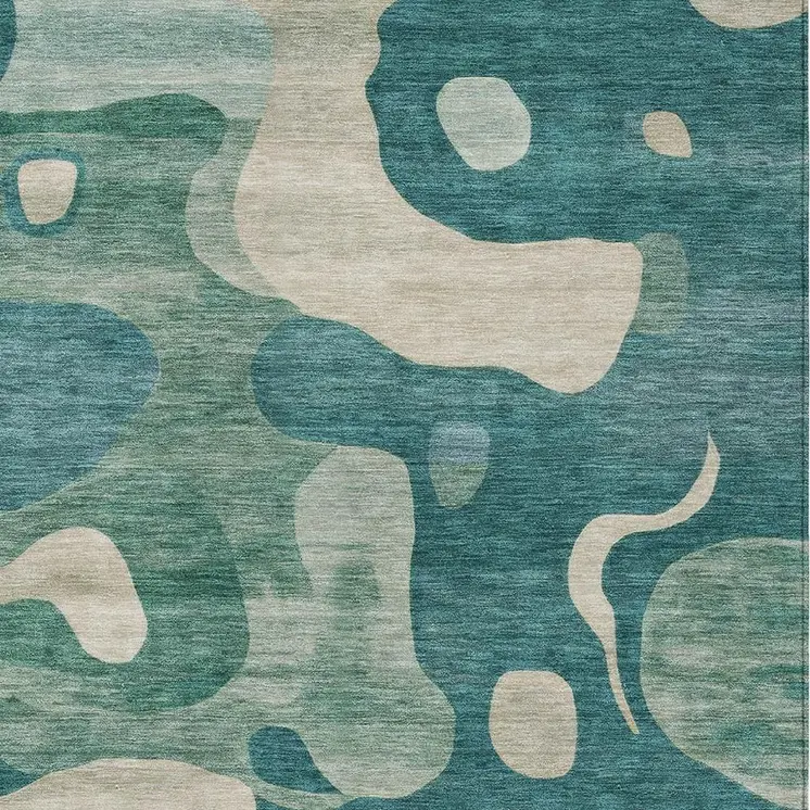 3' X 5' Teal Blue Ivory And Beige Abstract Washable Indoor Outdoor Area Rug