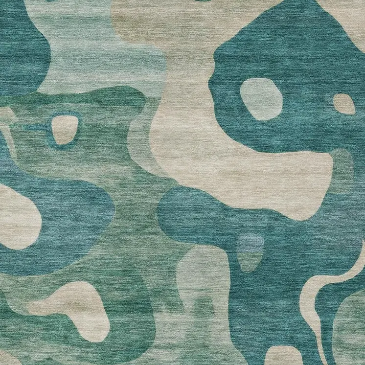 3' X 5' Teal Blue Ivory And Beige Abstract Washable Indoor Outdoor Area Rug