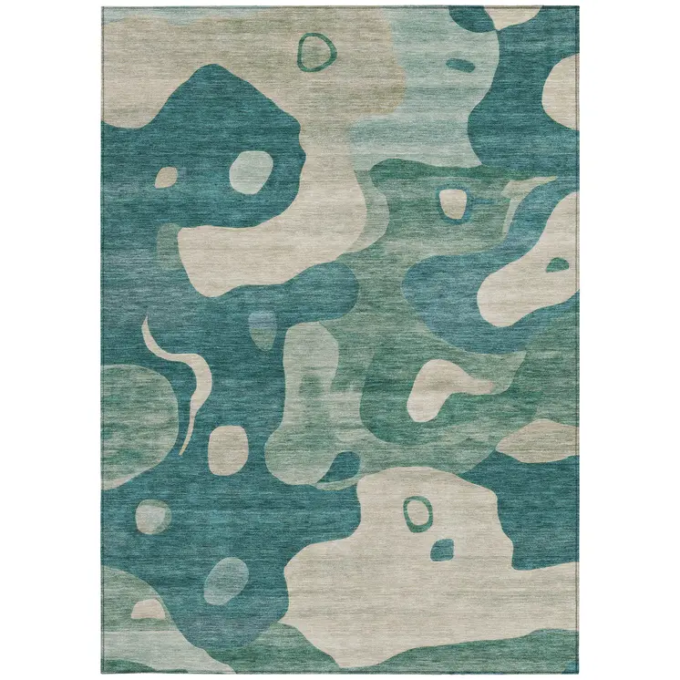 5' X 8' Teal Blue Ivory And Beige Abstract Washable Indoor Outdoor Area Rug