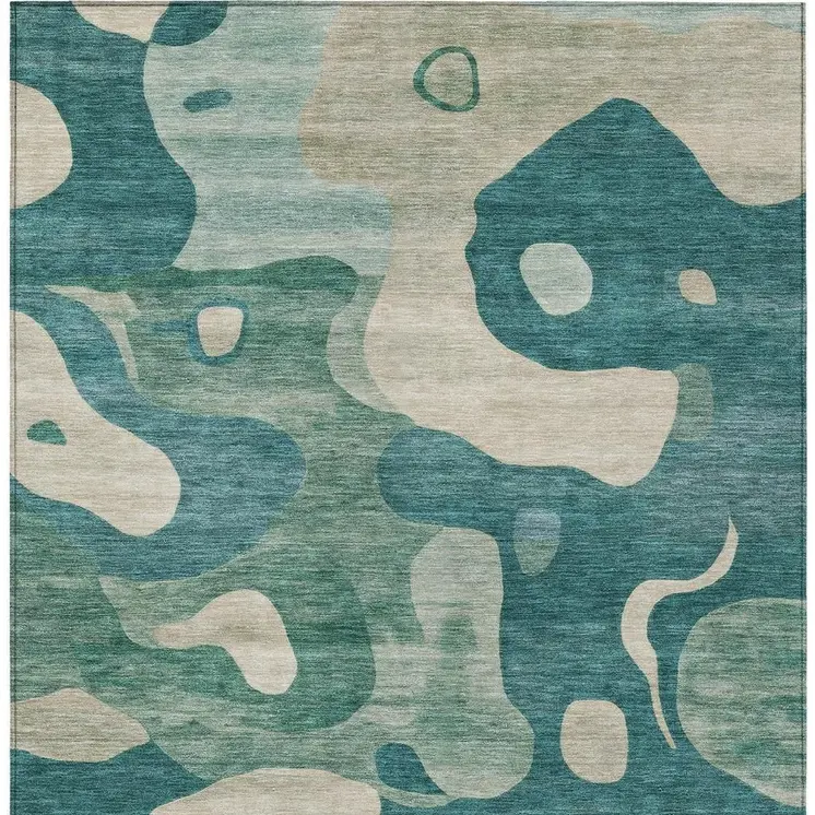 5' X 8' Teal Blue Ivory And Beige Abstract Washable Indoor Outdoor Area Rug