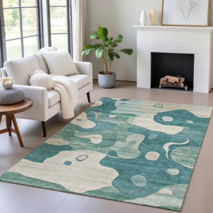 5' X 8' Teal Blue Ivory And Beige Abstract Washable Indoor Outdoor Area Rug
