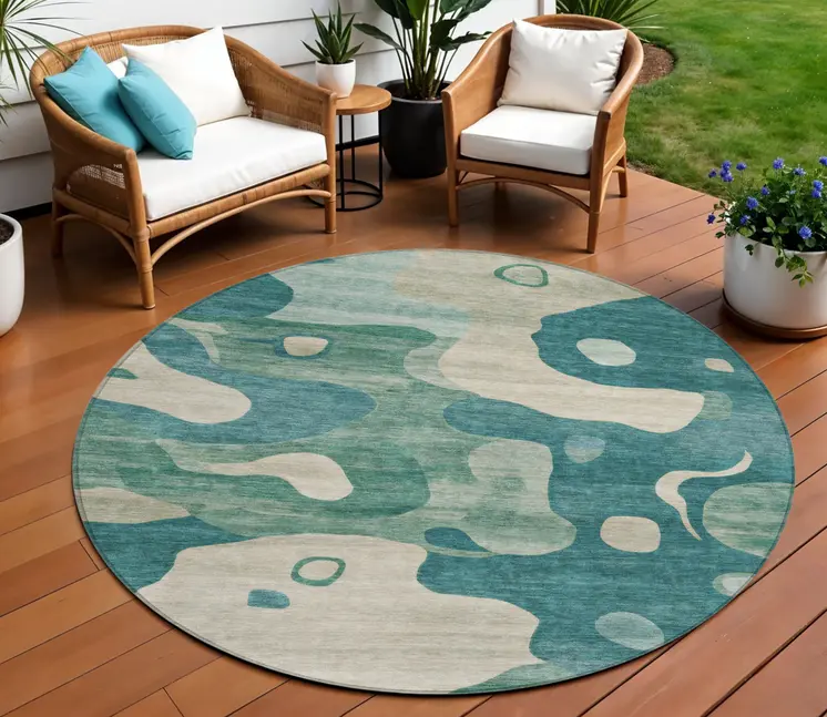 8' Teal Blue Ivory And Beige Round Abstract Washable Indoor Outdoor Area Rug