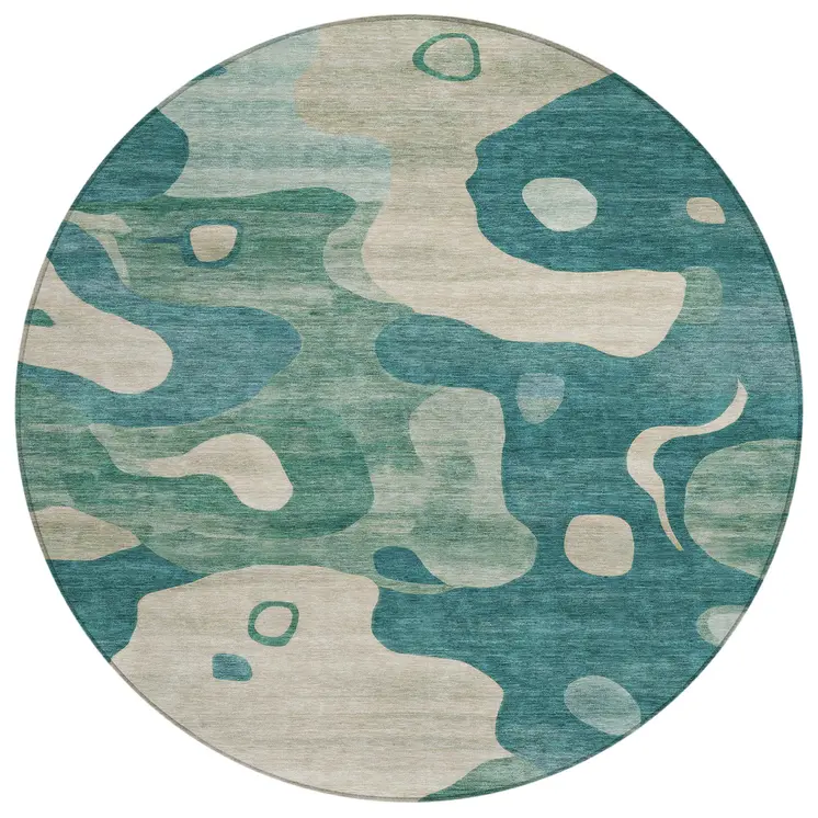 8' Teal Blue Ivory And Beige Round Abstract Washable Indoor Outdoor Area Rug