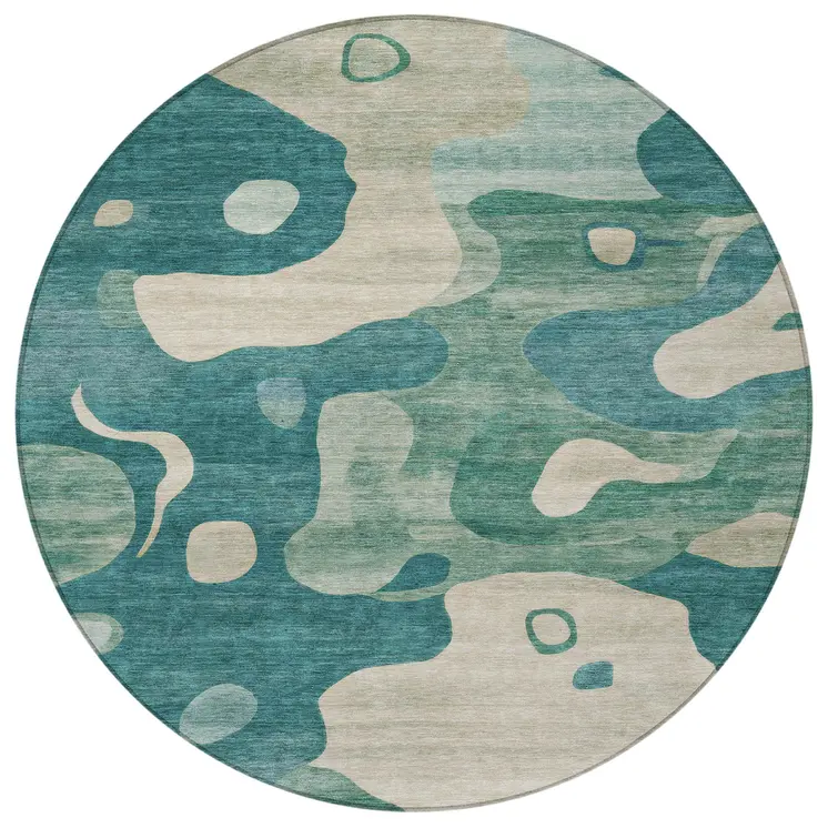 8' Teal Blue Ivory And Beige Round Abstract Washable Indoor Outdoor Area Rug