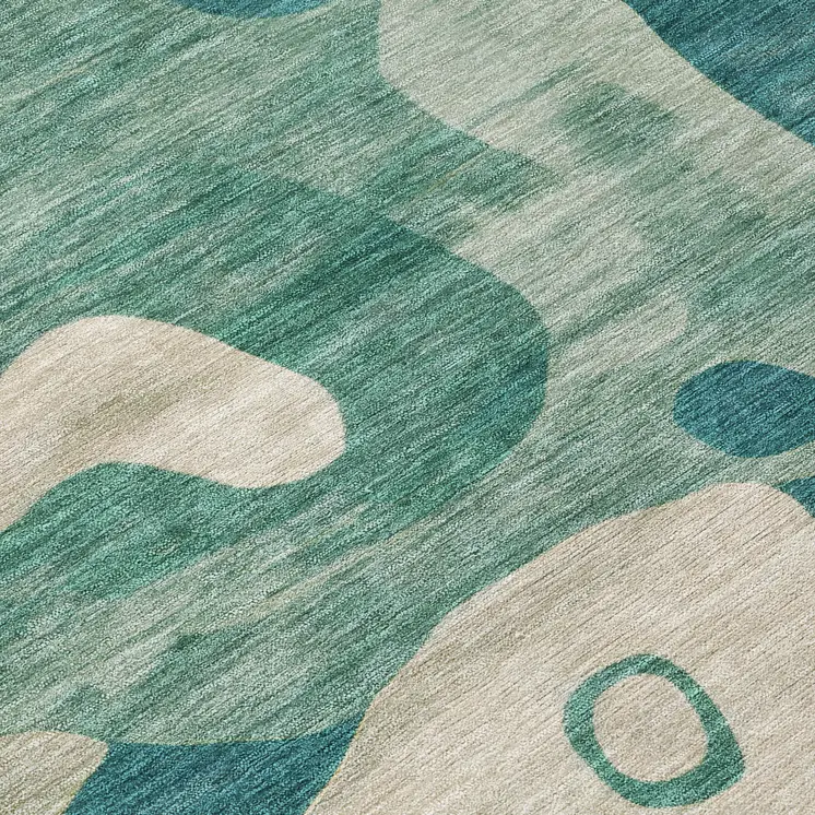 8' Teal Blue Ivory And Beige Round Abstract Washable Indoor Outdoor Area Rug