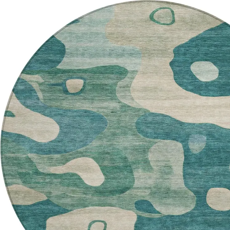 8' Teal Blue Ivory And Beige Round Abstract Washable Indoor Outdoor Area Rug