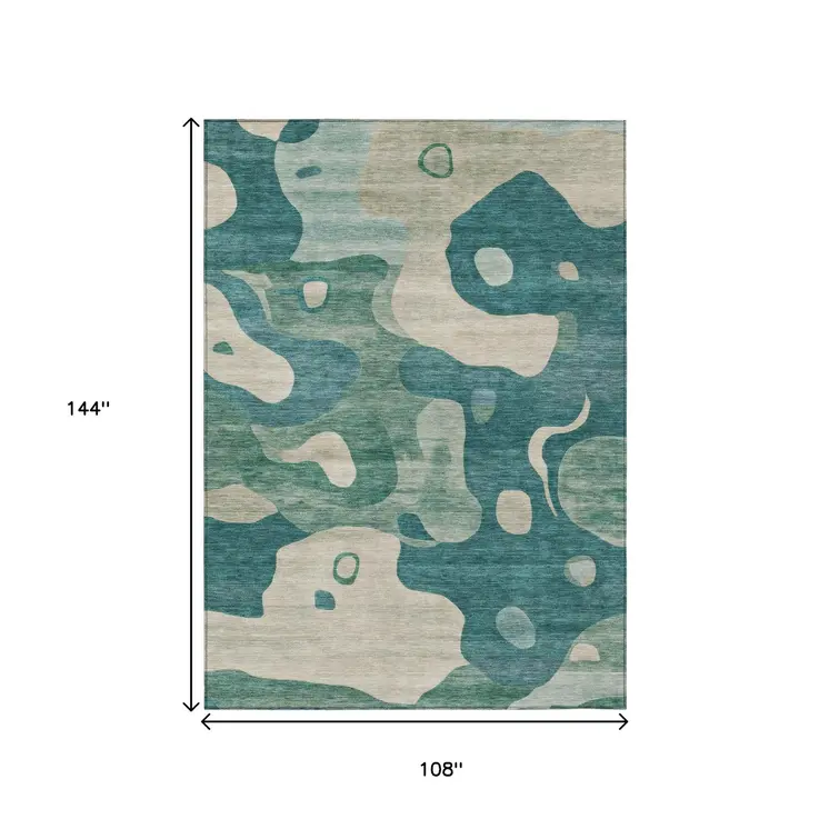 9' X 12' Teal Blue Ivory And Beige Abstract Washable Indoor Outdoor Area Rug