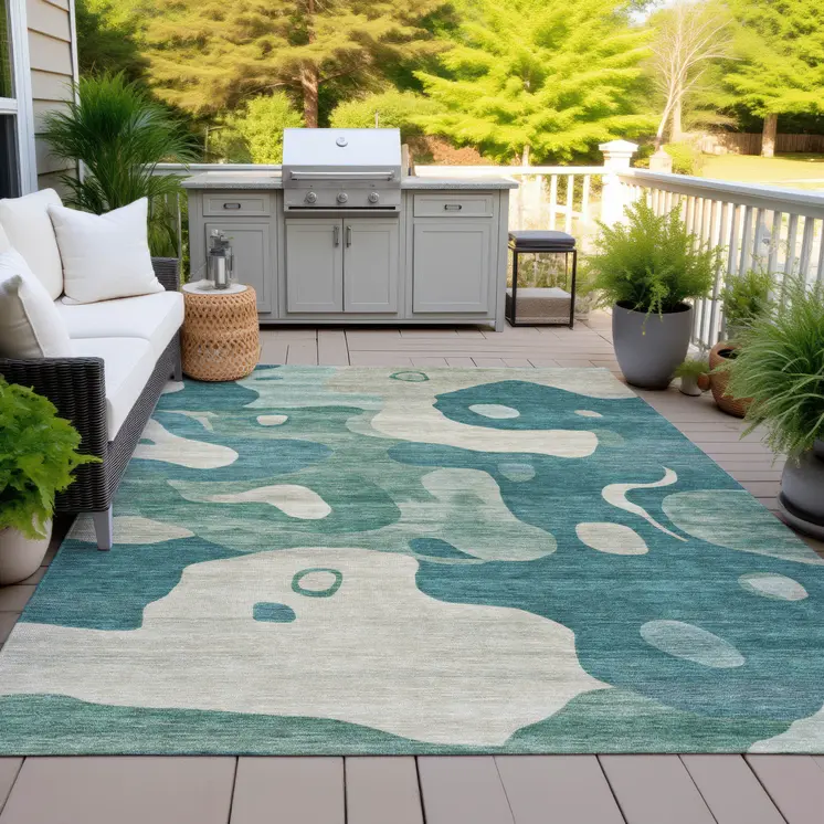 9' X 12' Teal Blue Ivory And Beige Abstract Washable Indoor Outdoor Area Rug