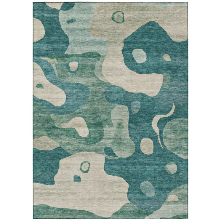 9' X 12' Teal Blue Ivory And Beige Abstract Washable Indoor Outdoor Area Rug