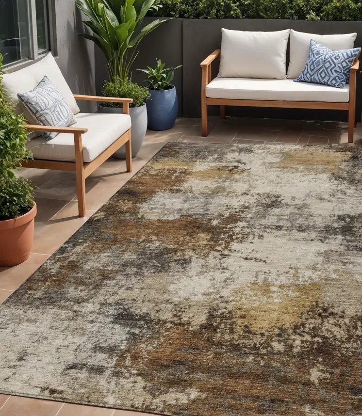 5' X 8' Brown And Beige Abstract Washable Indoor Outdoor Area Rug