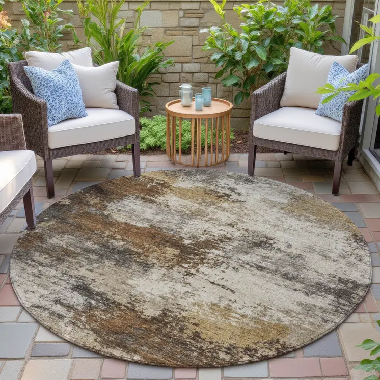 8' Brown And Beige Round Abstract Washable Indoor Outdoor Area Rug