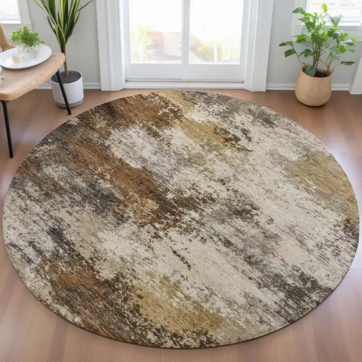 8' Brown And Beige Round Abstract Washable Indoor Outdoor Area Rug