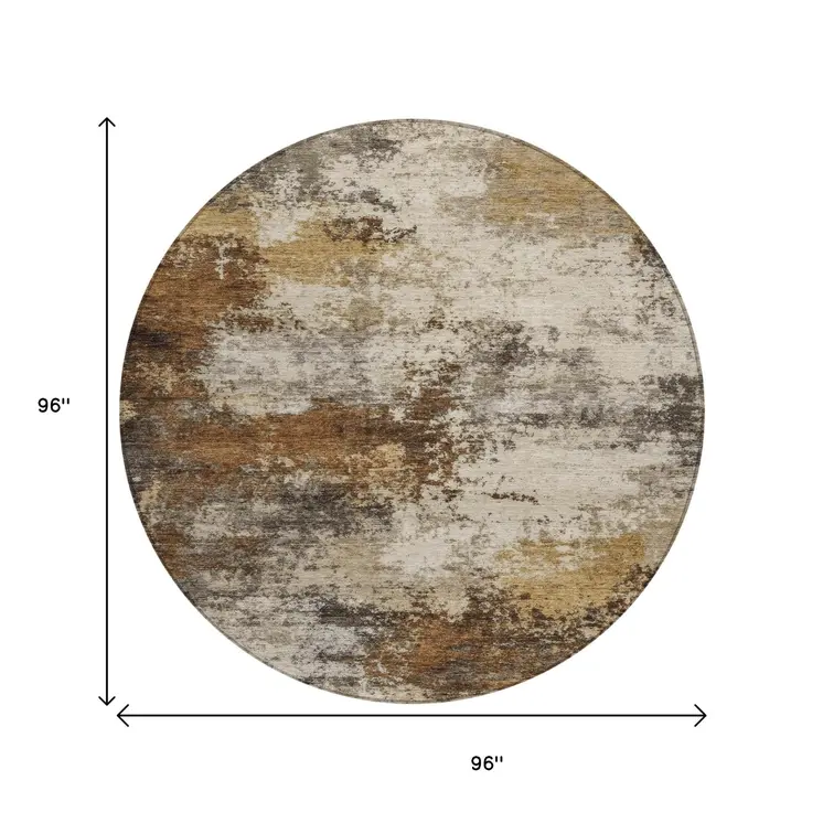 8' Brown And Beige Round Abstract Washable Indoor Outdoor Area Rug