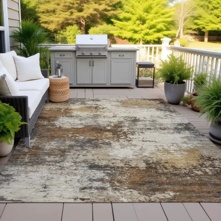 8' X 10' Brown And Beige Abstract Washable Indoor Outdoor Area Rug