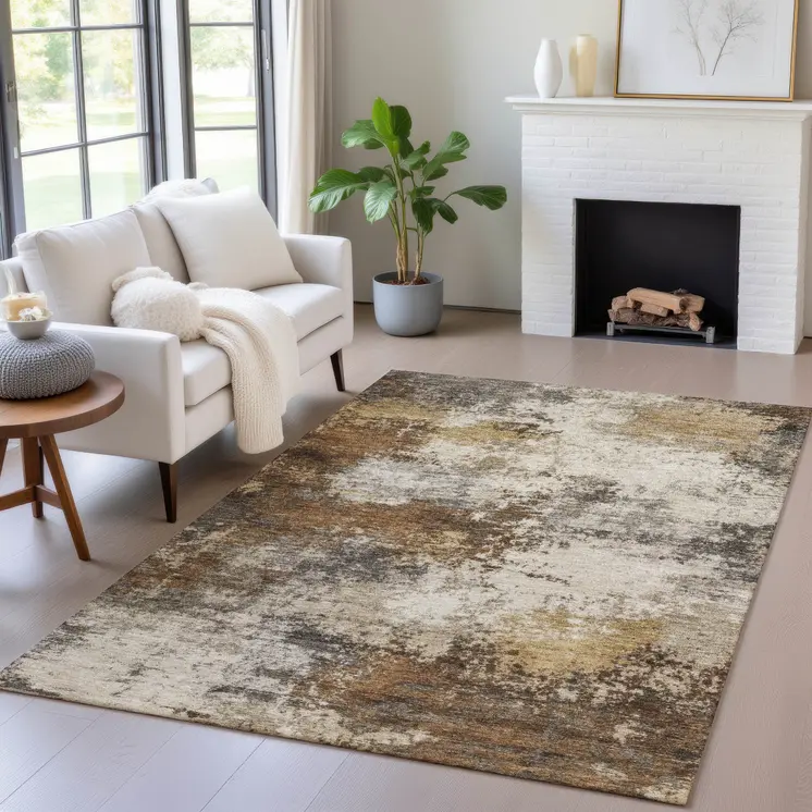 8' X 10' Brown And Beige Abstract Washable Indoor Outdoor Area Rug