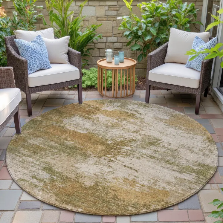 8' Copper And Ivory Round Abstract Washable Indoor Outdoor Area Rug