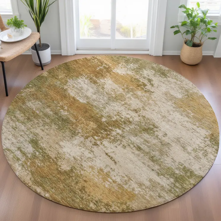 8' Copper And Ivory Round Abstract Washable Indoor Outdoor Area Rug
