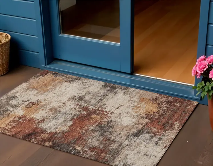 3' X 5' Rust And Beige Abstract Washable Indoor Outdoor Area Rug