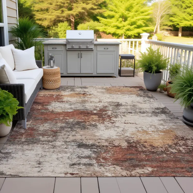 5' X 8' Rust And Beige Abstract Washable Indoor Outdoor Area Rug