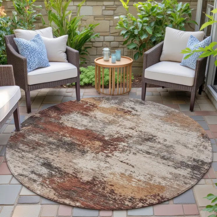 8' Rust And Beige Round Abstract Washable Indoor Outdoor Area Rug