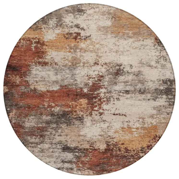 8' Rust And Beige Round Abstract Washable Indoor Outdoor Area Rug