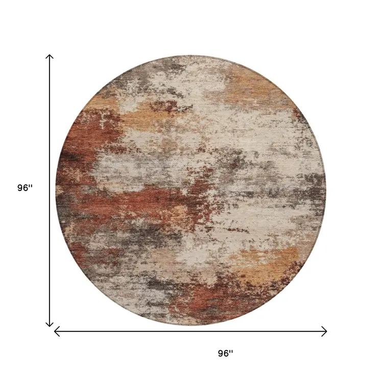 8' Rust And Beige Round Abstract Washable Indoor Outdoor Area Rug