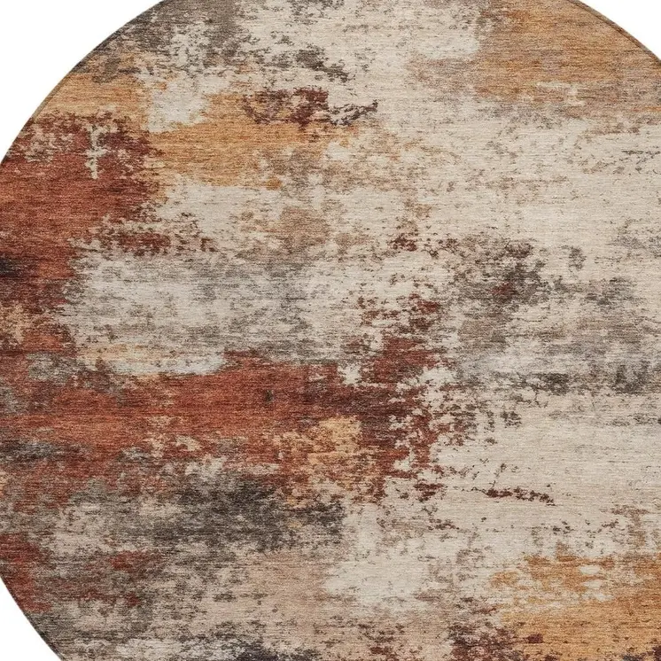 8' Rust And Beige Round Abstract Washable Indoor Outdoor Area Rug