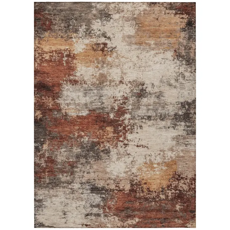 9' X 12' Rust And Beige Abstract Washable Indoor Outdoor Area Rug