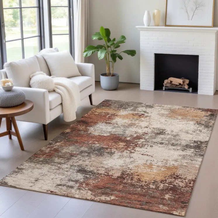 9' X 12' Rust And Beige Abstract Washable Indoor Outdoor Area Rug