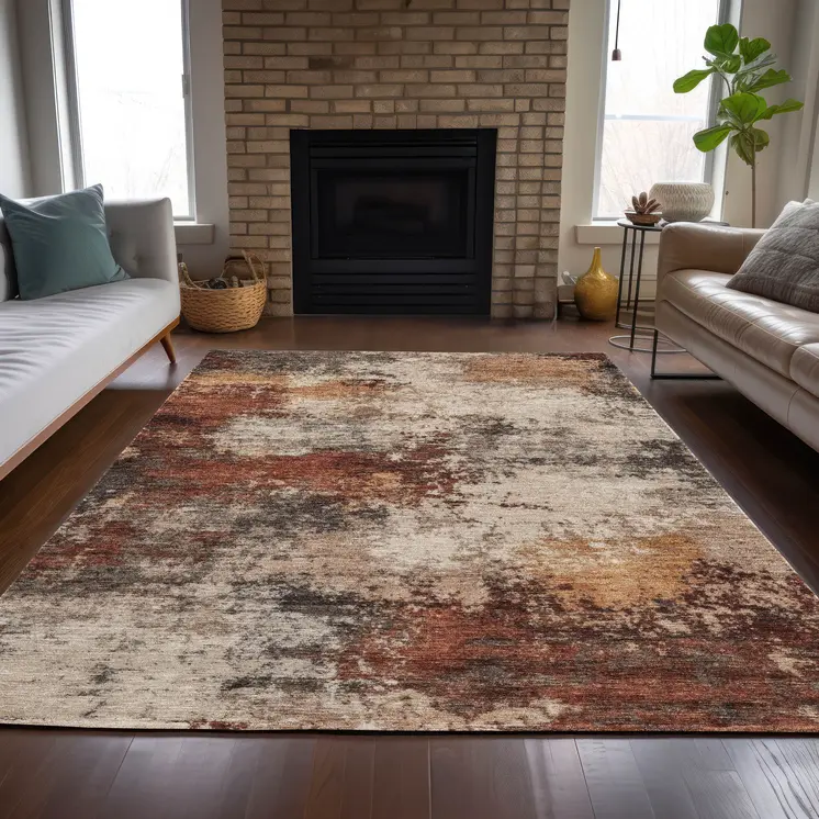 9' X 12' Rust And Beige Abstract Washable Indoor Outdoor Area Rug