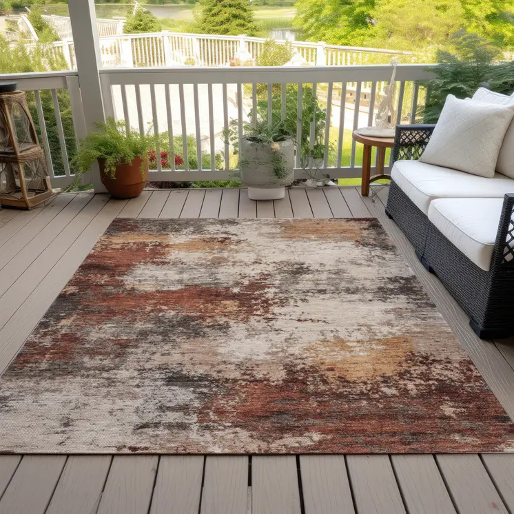 9' X 12' Rust And Beige Abstract Washable Indoor Outdoor Area Rug