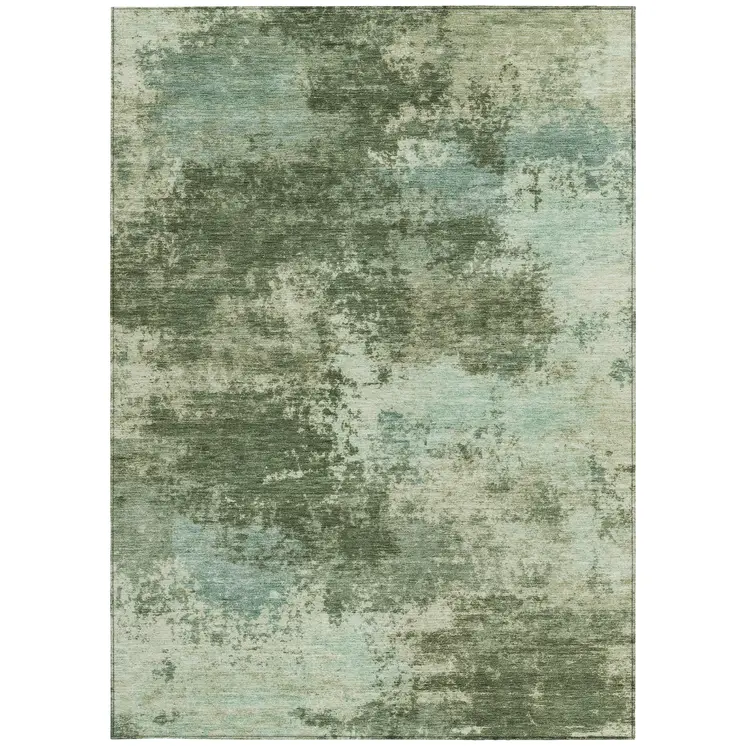 3' X 5' Artichoke Green And Pale Aqua Abstract Washable Indoor Outdoor Area Rug