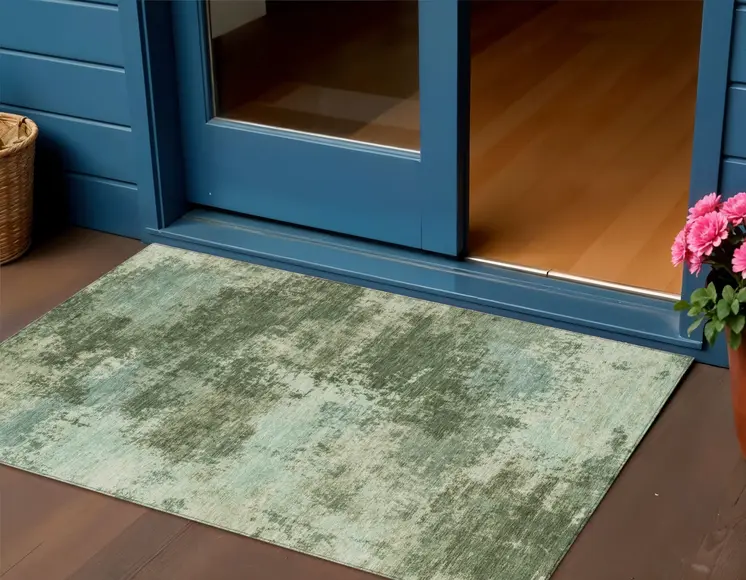 3' X 5' Artichoke Green And Pale Aqua Abstract Washable Indoor Outdoor Area Rug