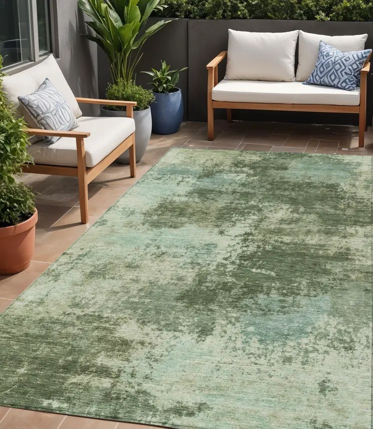 5' X 8' Artichoke Green And Pale Aqua Abstract Washable Indoor Outdoor Area Rug