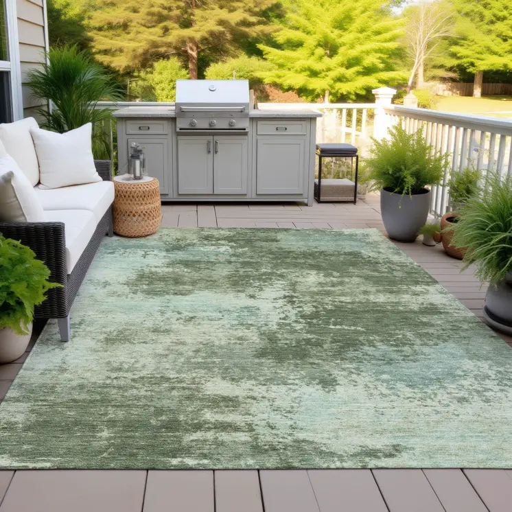 5' X 8' Artichoke Green And Pale Aqua Abstract Washable Indoor Outdoor Area Rug