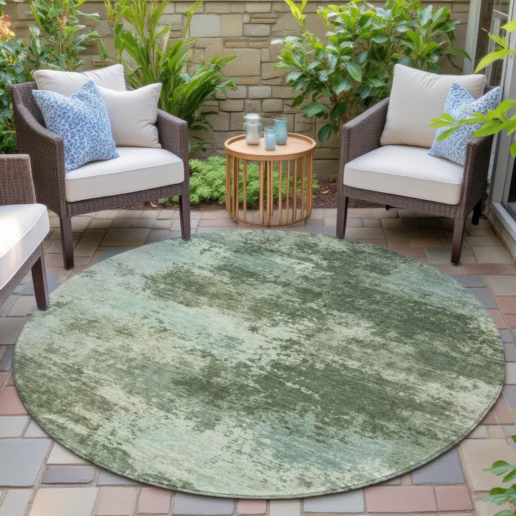 8' Artichoke Green And Pale Aqua Round Abstract Washable Indoor Outdoor Area Rug