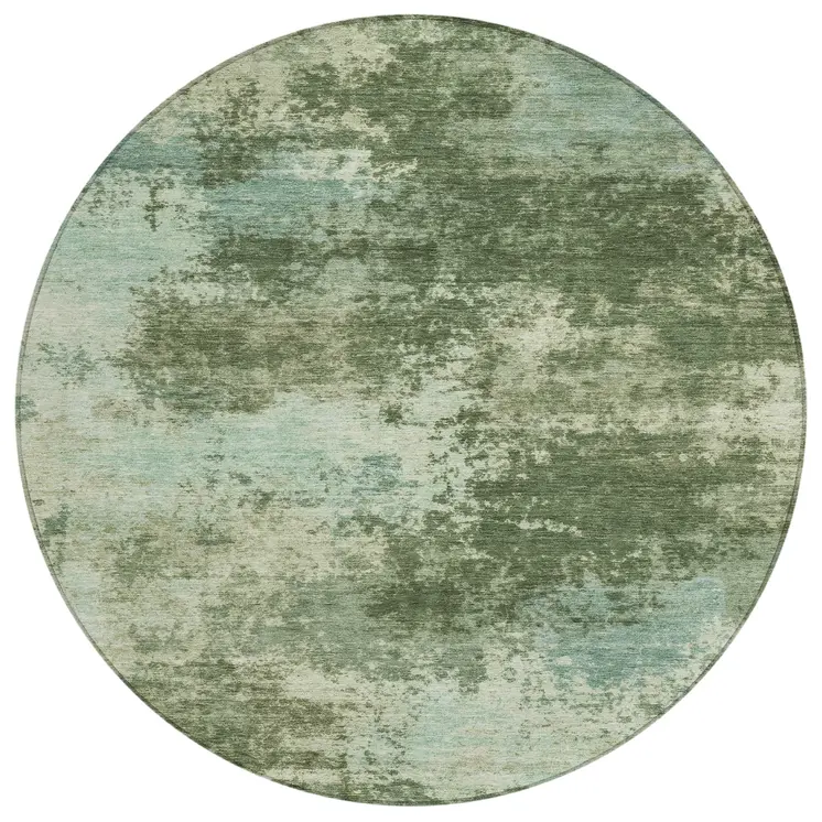 8' Artichoke Green And Pale Aqua Round Abstract Washable Indoor Outdoor Area Rug