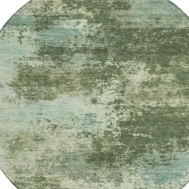 8' Artichoke Green And Pale Aqua Round Abstract Washable Indoor Outdoor Area Rug