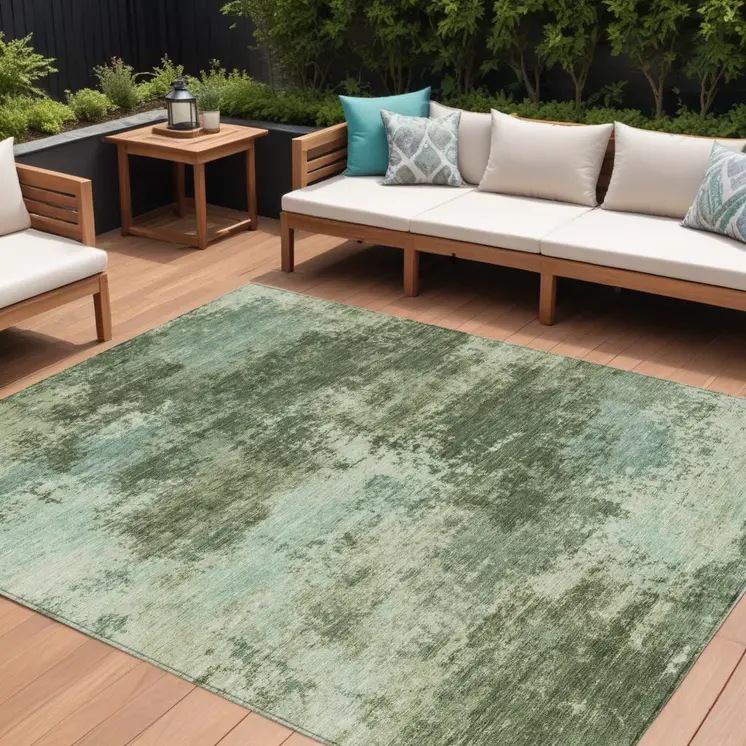 8' X 10' Artichoke Green And Pale Aqua Abstract Washable Indoor Outdoor Area Rug