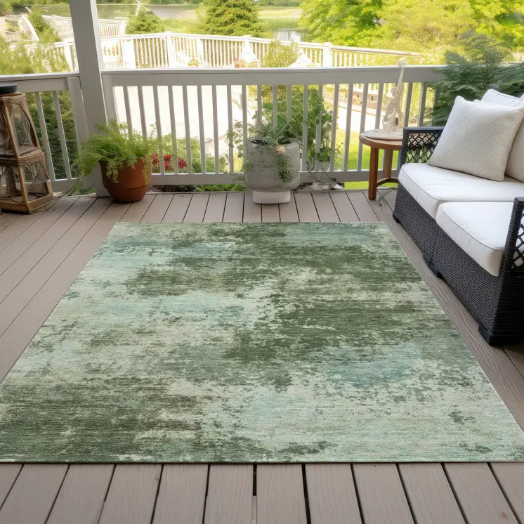 8' X 10' Artichoke Green And Pale Aqua Abstract Washable Indoor Outdoor Area Rug