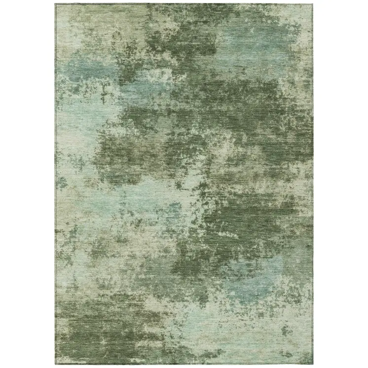 9' X 12' Artichoke Green And Pale Aqua Abstract Washable Indoor Outdoor Area Rug