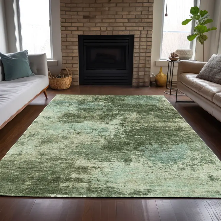 9' X 12' Artichoke Green And Pale Aqua Abstract Washable Indoor Outdoor Area Rug