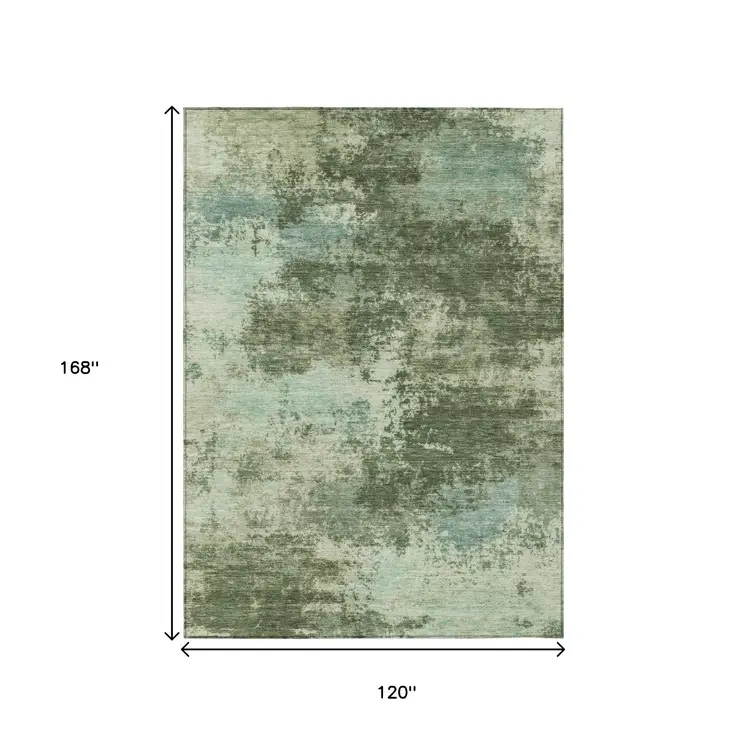 10' X 14' Artichoke Green And Pale Aqua Abstract Washable Indoor Outdoor Area Rug
