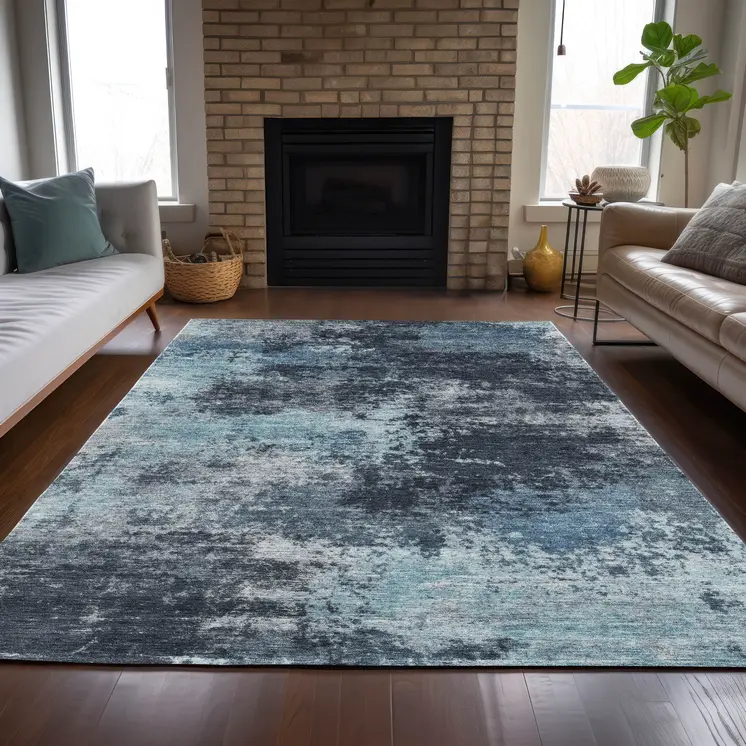 5' X 8' Blue And Ivory Abstract Washable Indoor Outdoor Area Rug