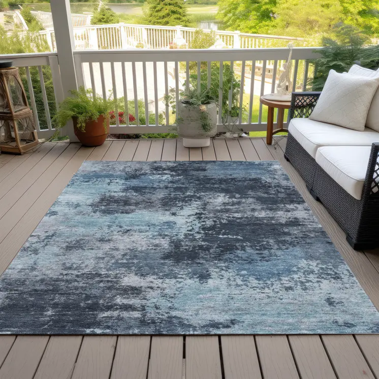 5' X 8' Blue And Ivory Abstract Washable Indoor Outdoor Area Rug