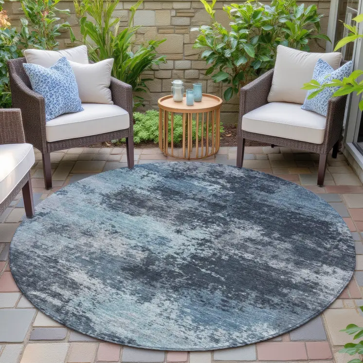 8' Blue And Ivory Round Abstract Washable Indoor Outdoor Area Rug